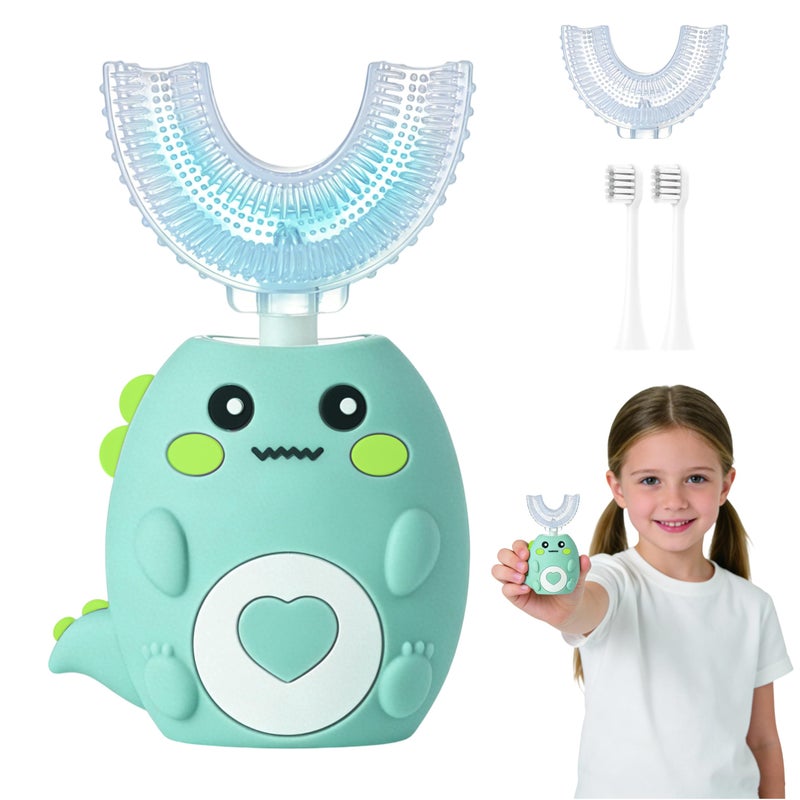 Kids Electric Toothbrush U Shaped, 360Âº Ultrasonic Toothbrush with Smart Timer & 3 Cleaning Modes, IPX7 Waterproof, Toddler Electric Toothbrush with 4 Brushs Head (Cartoon Dinosaur Ages 2-12) (Green)